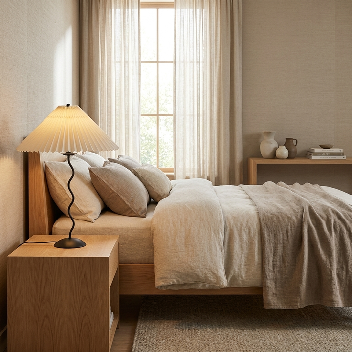 Squiggle Table Lamp with wavy stem and pleated shade on a bedside nightstand