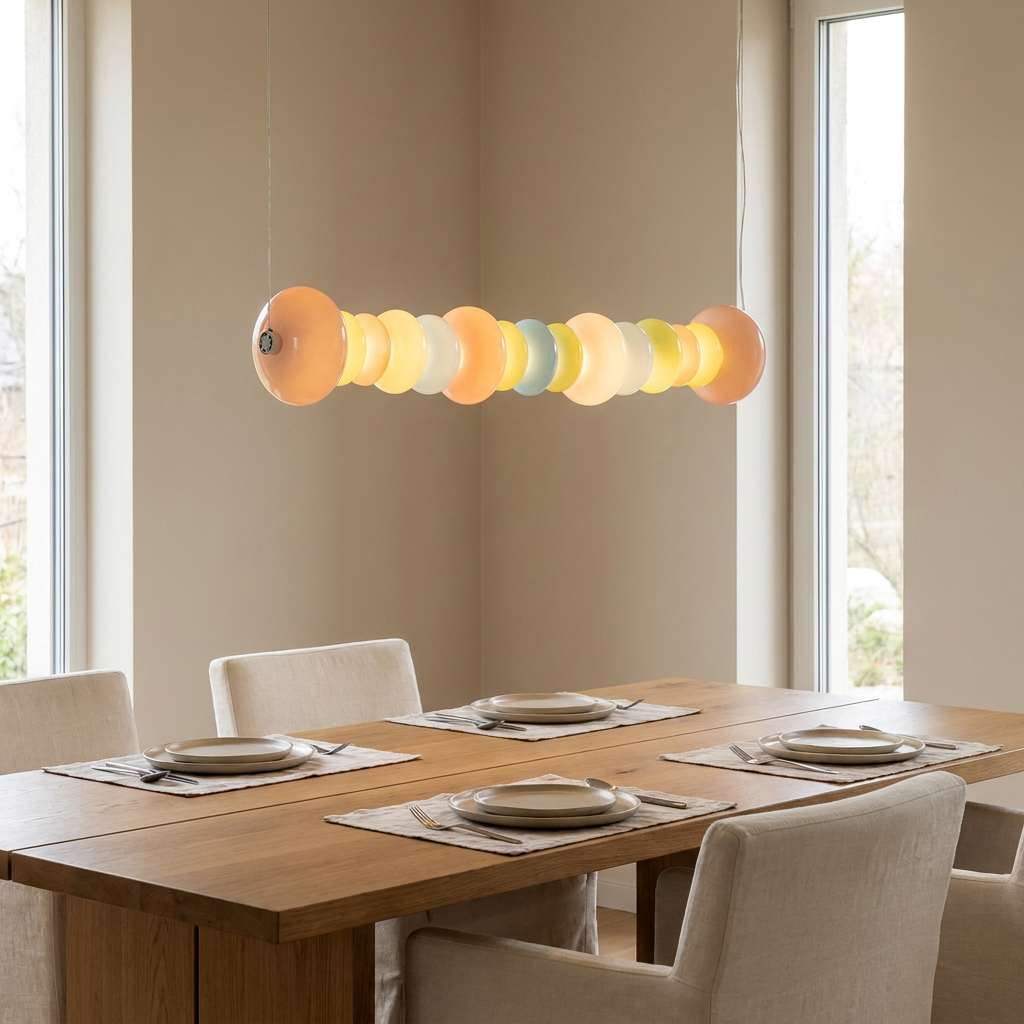Stack Candy Pendant Light hanging above a dining table with stacked colored glass discs glowing warm