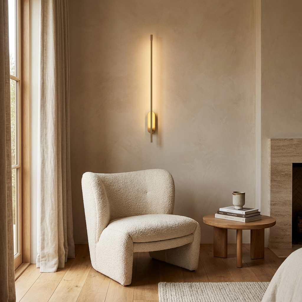 Stick Shaped Metal Sconce mounted on a wall in a bedroom reading nook