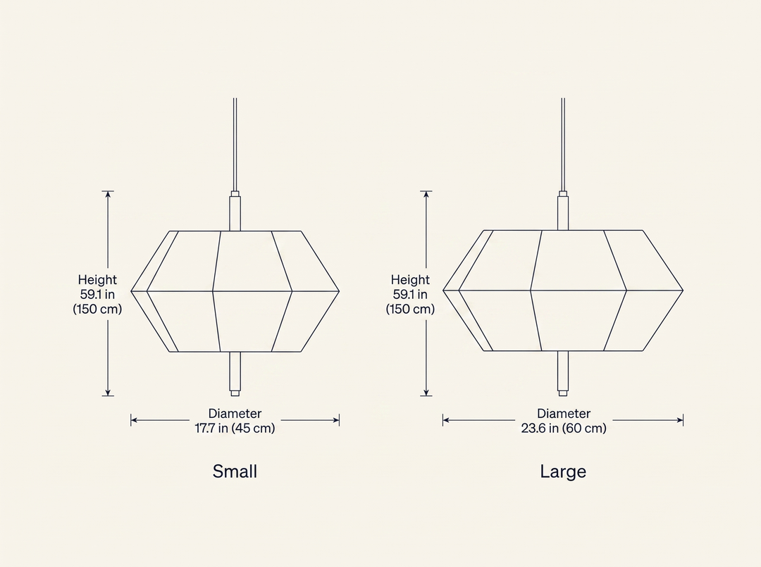 Soren Linen Geometric Pendant Lamp dimension drawing comparing Small and Large sizes