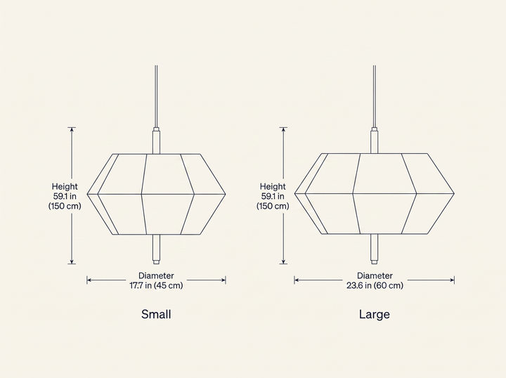 Soren Linen Geometric Pendant Lamp dimension drawing comparing Small and Large sizes
