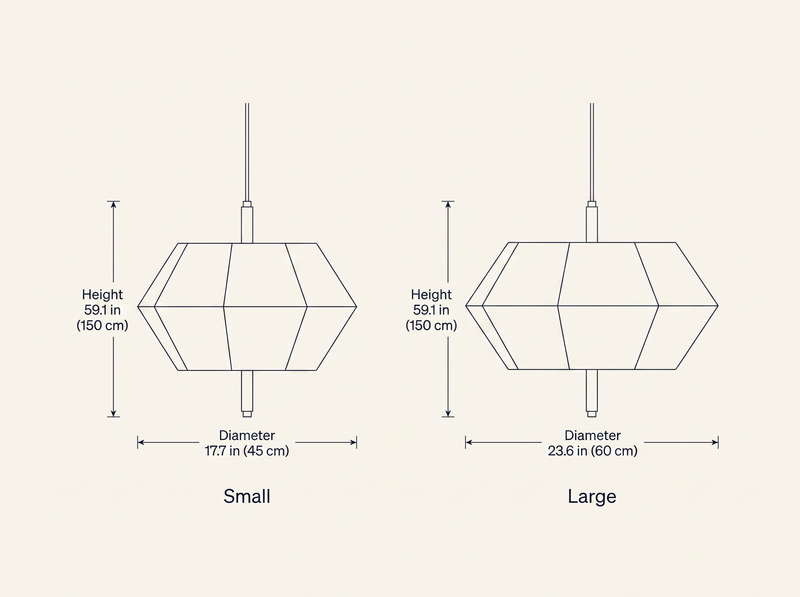 Soren Linen Geometric Pendant Lamp dimension drawing comparing Small and Large sizes