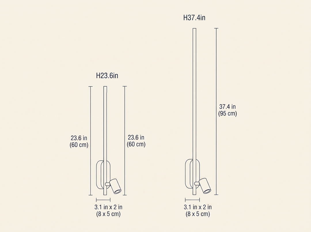 Stick Shaped Metal Sconce dimension drawing comparing the two available heights