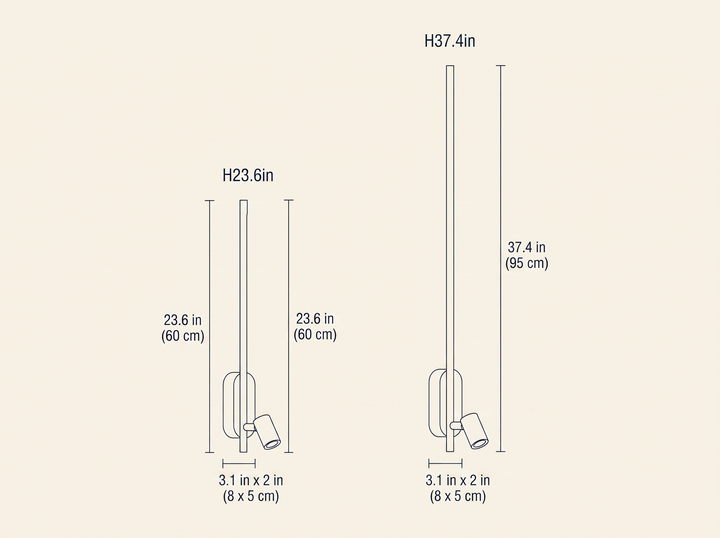 Stick Shaped Metal Sconce dimension drawing comparing the two available heights