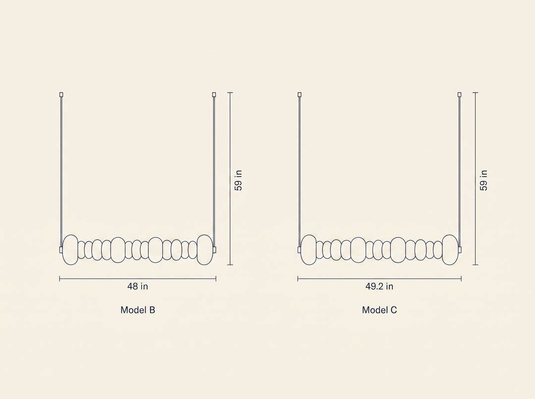 Stack Candy Pendant Light dimension drawing comparing Model B and Model C widths and heights