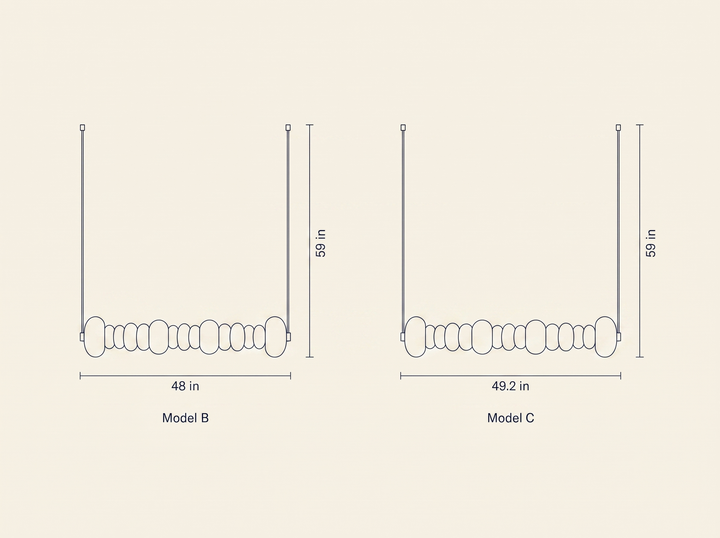 Stack Candy Pendant Light dimension drawing comparing Model B and Model C widths and heights