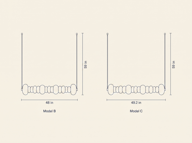 Stack Candy Pendant Light dimension drawing comparing Model B and Model C widths and heights