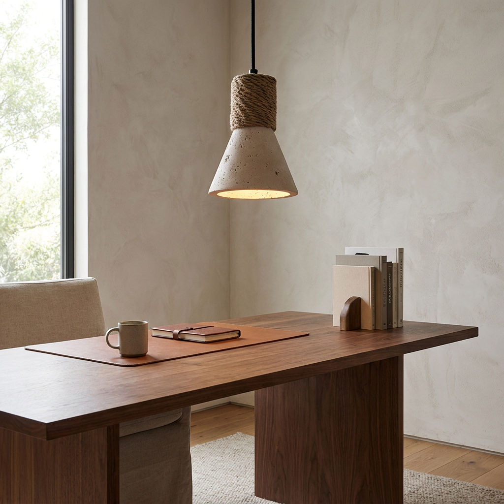 Terra Rope Pendant Light hanging above a home office desk