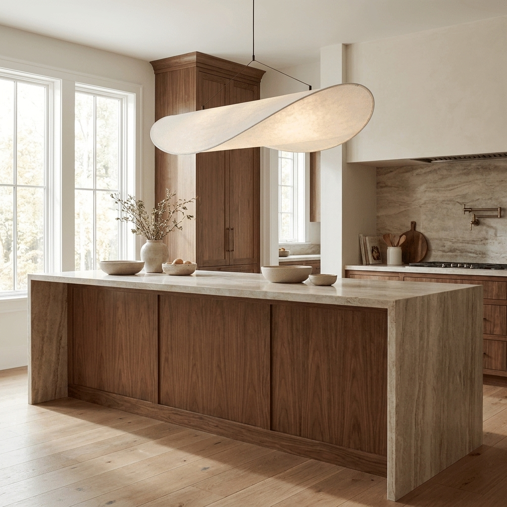 Tense Pendant Light hanging above a kitchen island, silk diffuser casting a soft glow