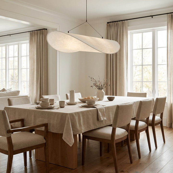 Tense Pendant Light hanging above a dining table in a contemporary dining space