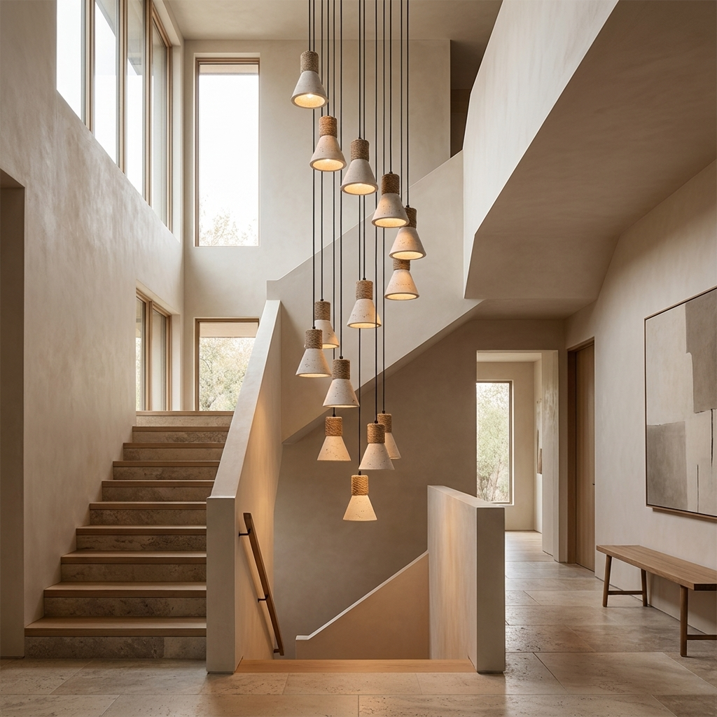 Terra Rope Pendant Light cluster hanging in a double-height stairwell, travertine cones with jute rope collars