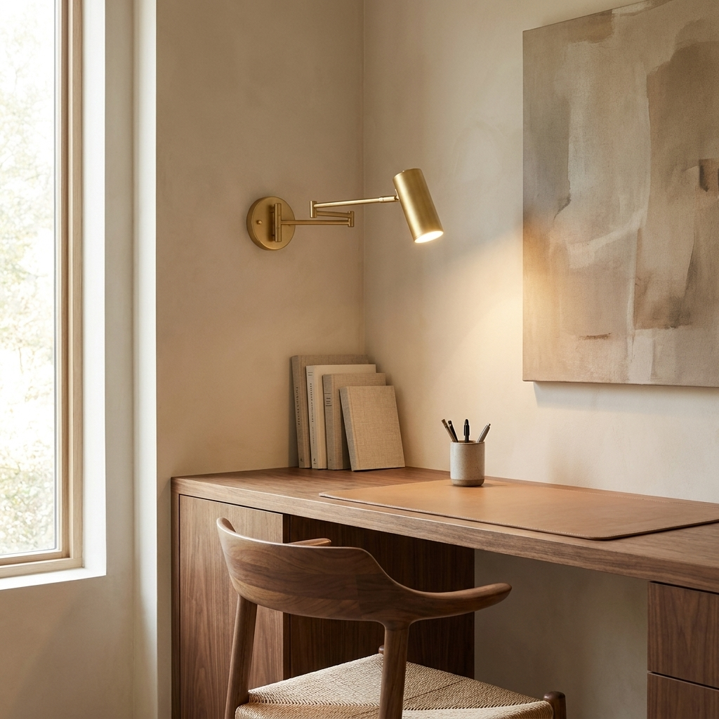 Swing Arm Wall Sconce mounted above a home office desk, arm extended toward the work surface