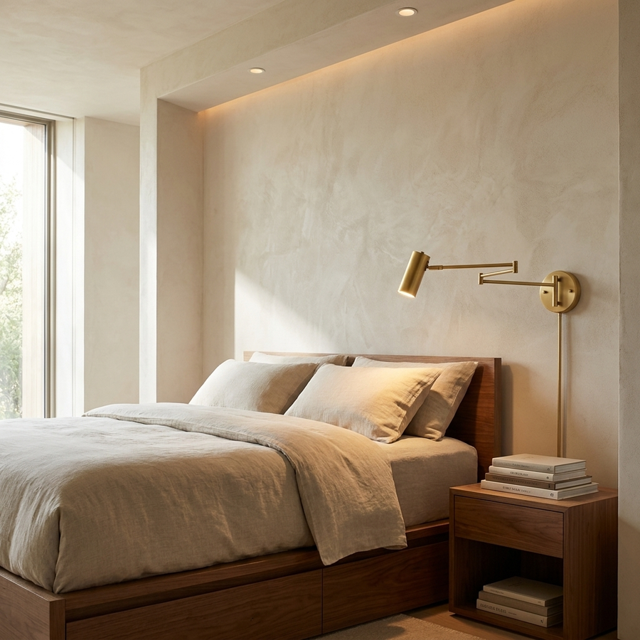 Swing Arm Wall Sconce installed beside a bed in a contemporary bedroom, adjustable arm extended as a reading light