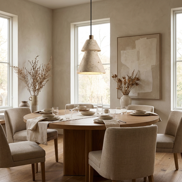 Tiered Travertine Cone Pendant Light hanging above a dining table
