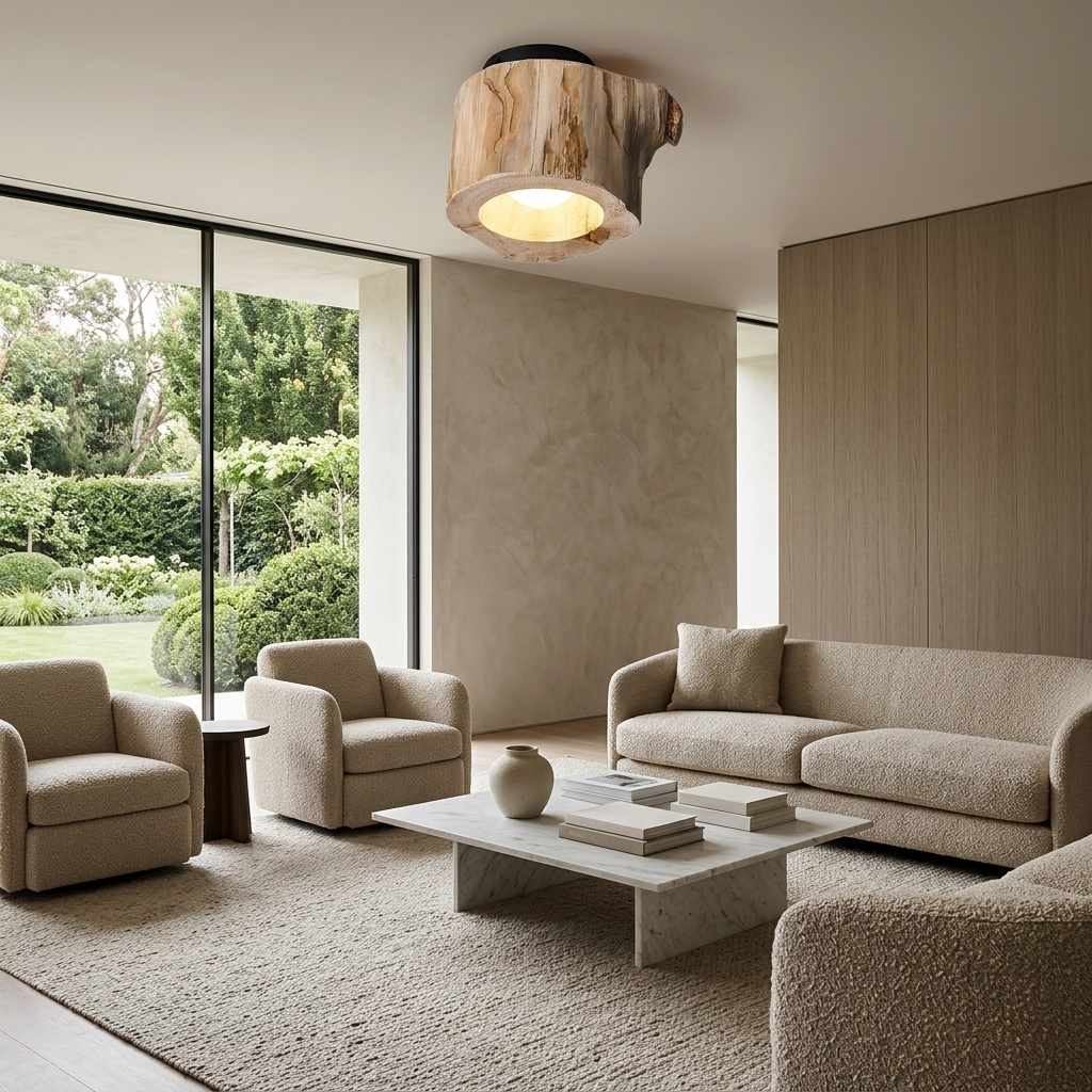 Tarn Hollow Ceiling Lamp mounted on a living room ceiling, hollowed wood center glowing warm