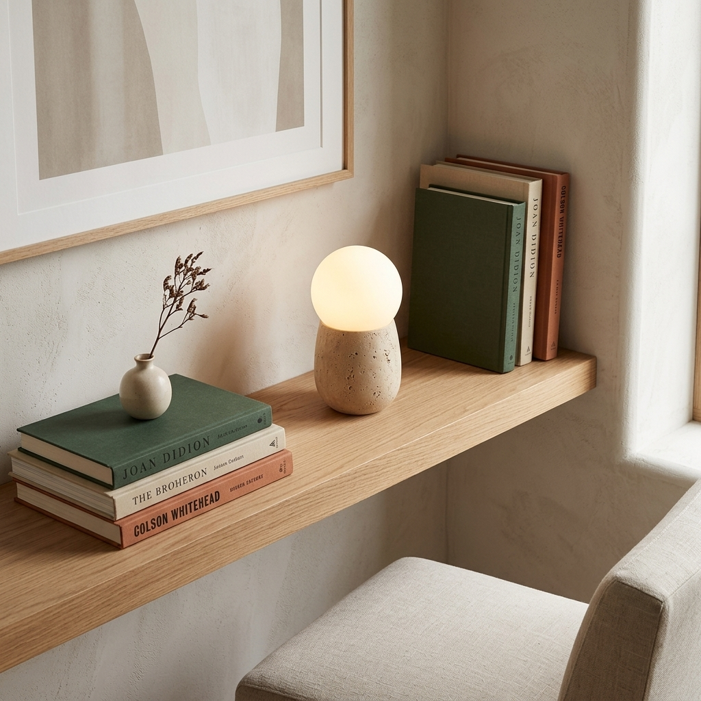 Terra Orb Table Lamp on a floating reading corner shelf, glass globe glowing like a rising moon