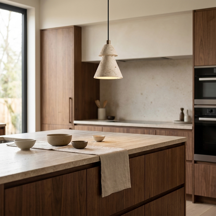 Tiered Travertine Cone Pendant Light hanging above a kitchen island