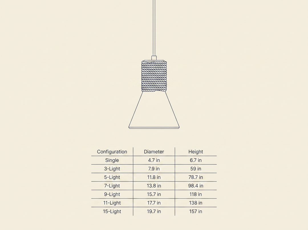 Terra Rope Pendant Light dimension drawing showing diameter and height across configurations