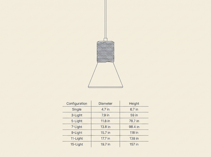 Terra Rope Pendant Light dimension drawing showing diameter and height across configurations
