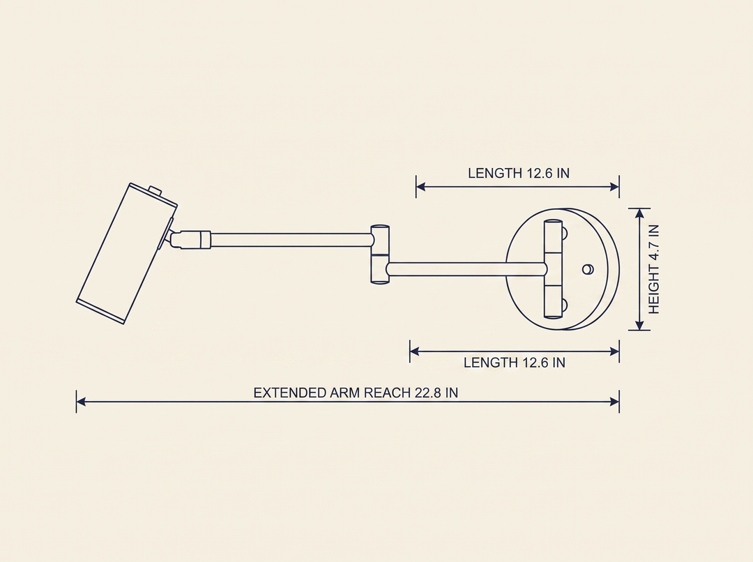Swing Arm Wall Sconce dimension drawing showing extended arm reach, length, and height