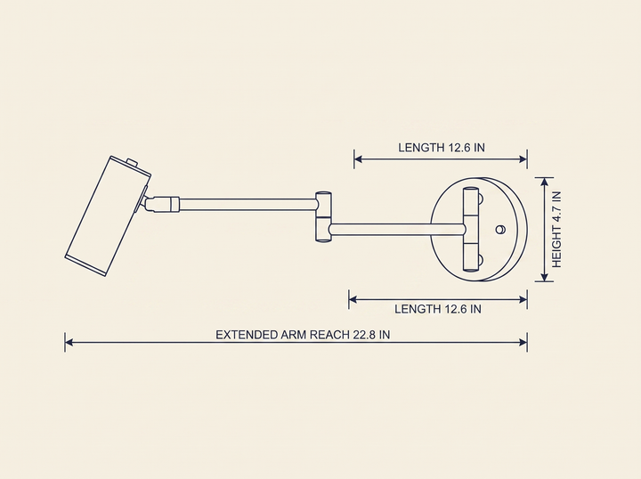 Swing Arm Wall Sconce dimension drawing showing extended arm reach, length, and height