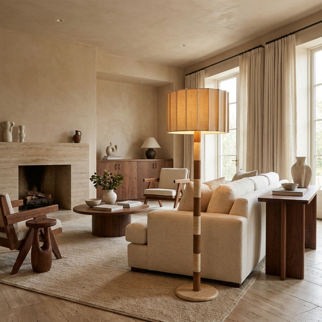Travertine Striped Floor Lamp beside a sofa in a contemporary living room