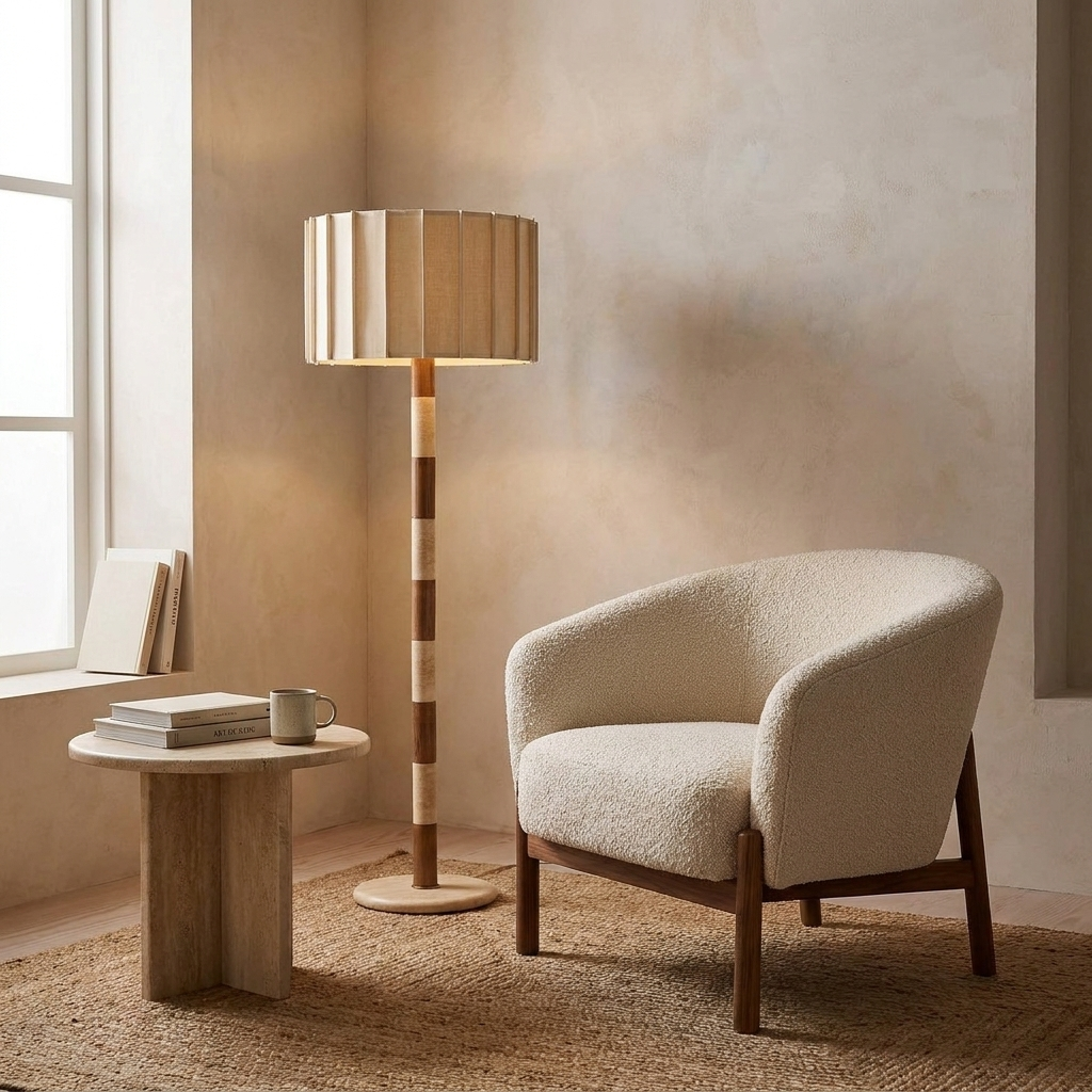 Travertine Striped Floor Lamp in a reading corner beside a lounge chair
