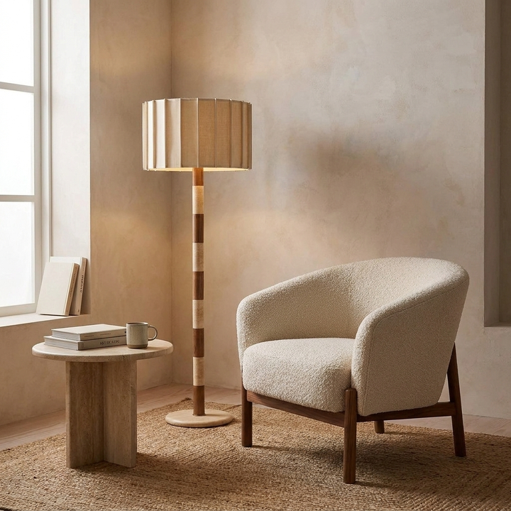 Travertine Striped Floor Lamp in a reading corner beside a lounge chair