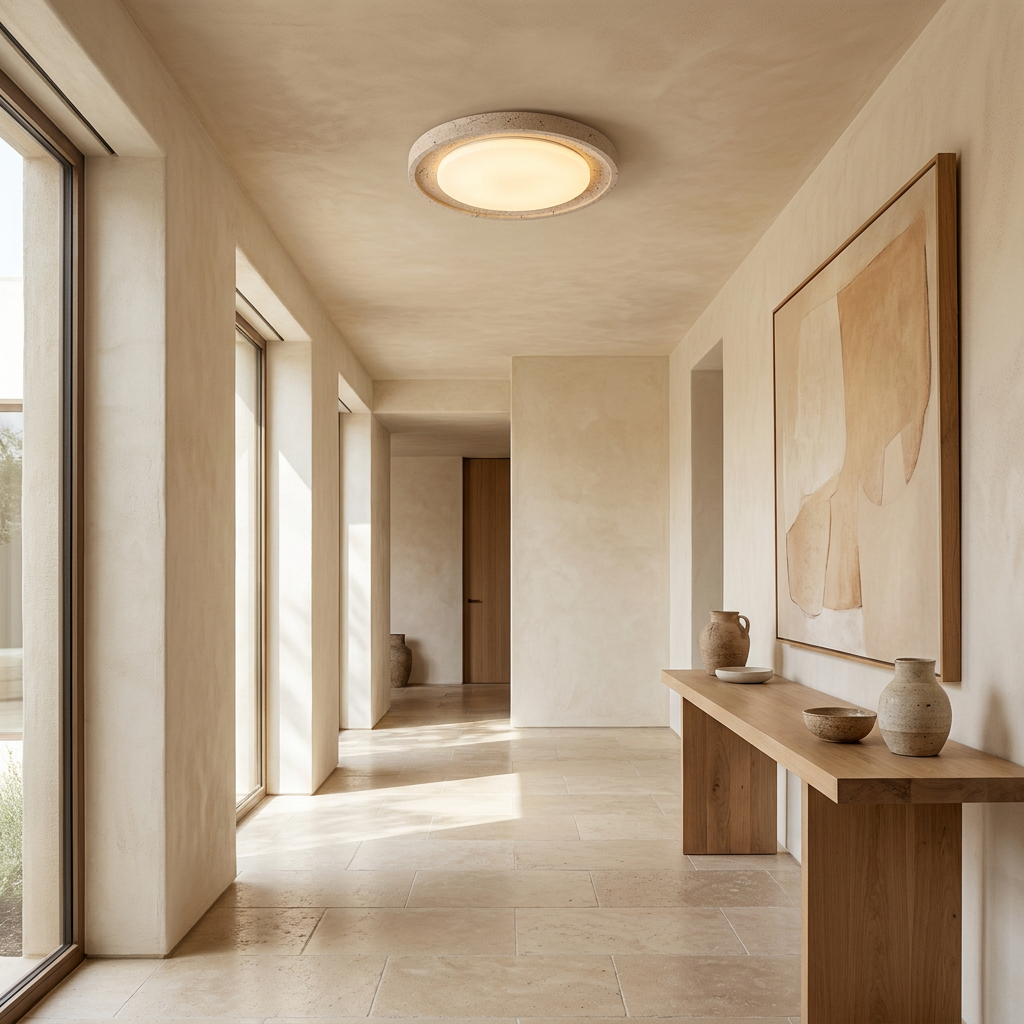 Travertine Wood Ceiling Light mounted on a hallway ceiling