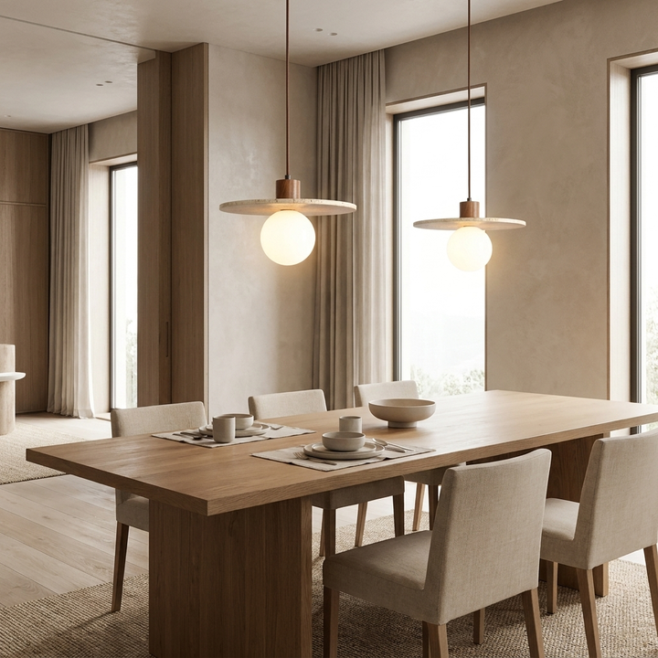 Travertine Disk Globe Pendant Light hanging above a dining table