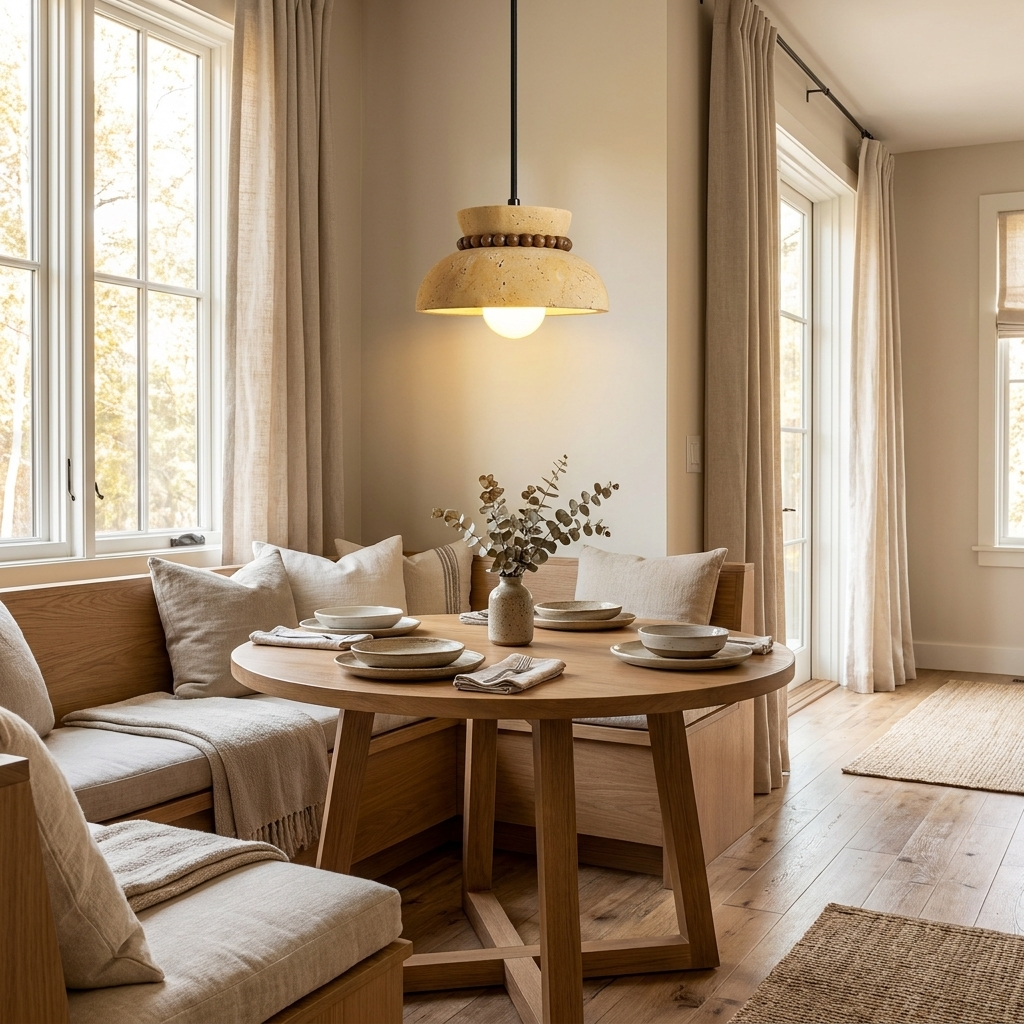Travertine Wooden Bead Pendant Lamp hanging above a breakfast nook table