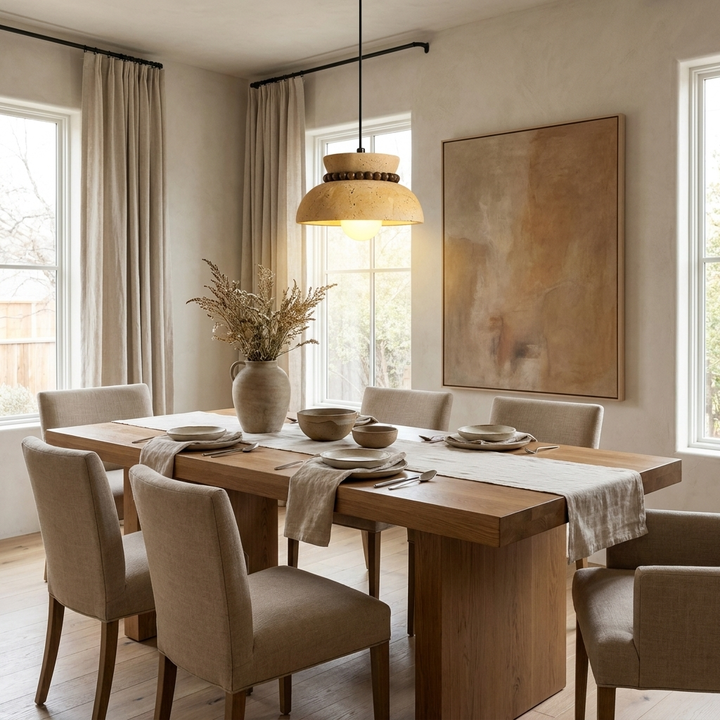 Travertine Wooden Bead Pendant Lamp hanging above a dining table