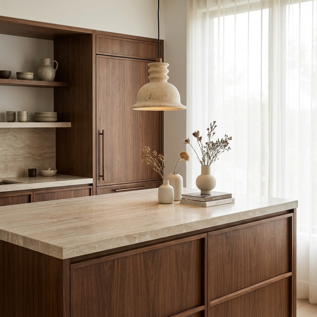 Travertine Ribbed Dome Pendant Light hanging above a kitchen island