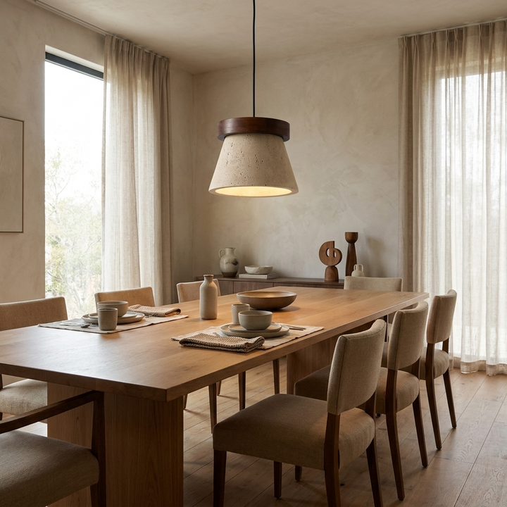 Travertine Cone Ring Pendant Light hanging above a dining table