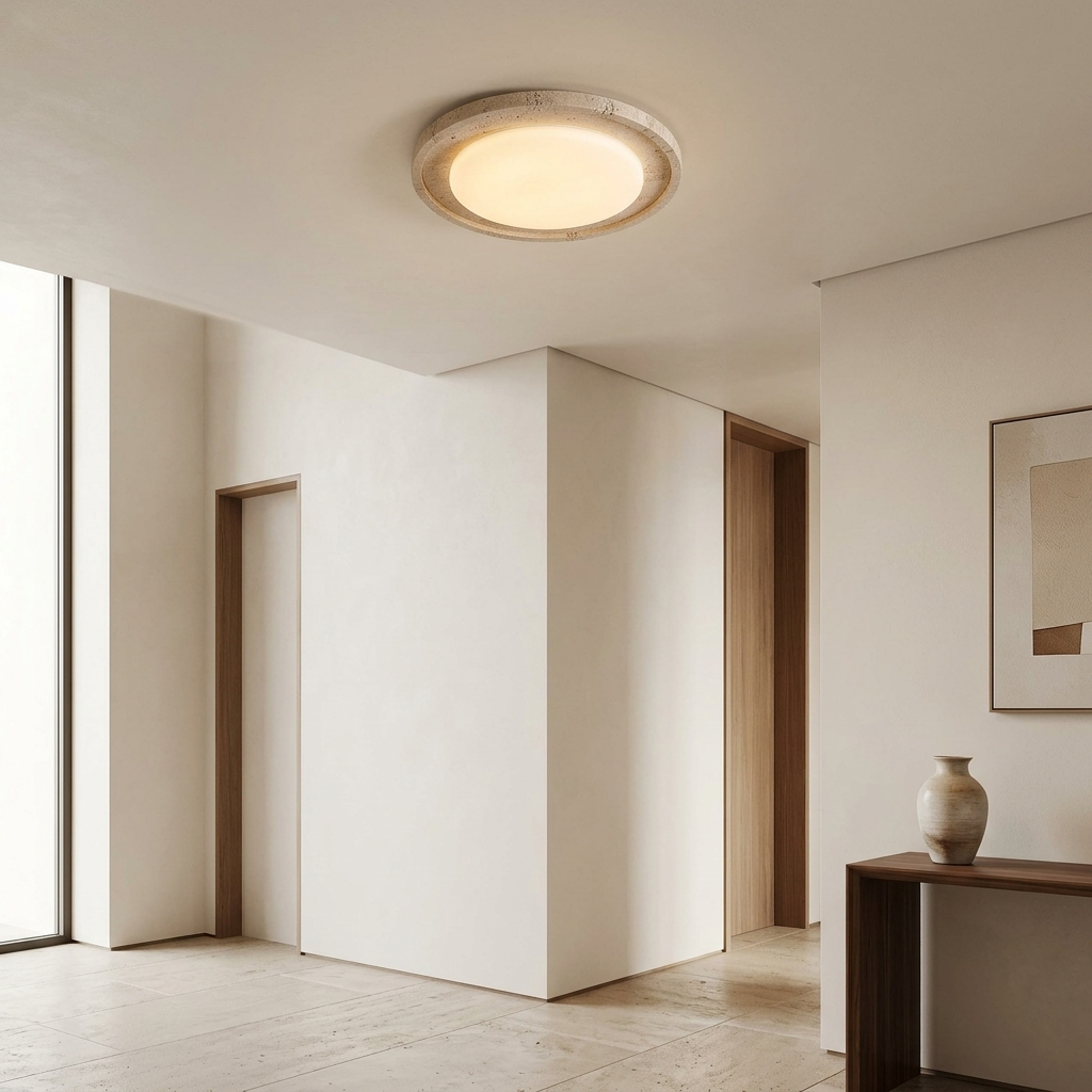 Travertine Wood Ceiling Light mounted in a contemporary entryway ceiling