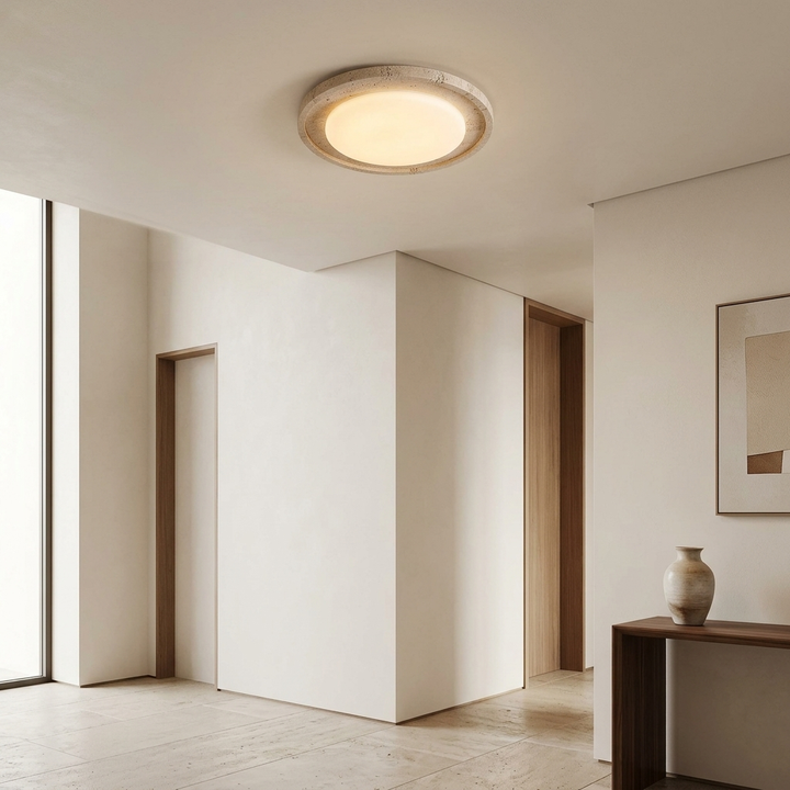 Travertine Wood Ceiling Light mounted in a contemporary entryway ceiling