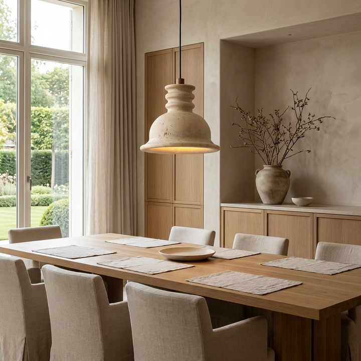 Travertine Ribbed Dome Pendant Light hanging above a dining table