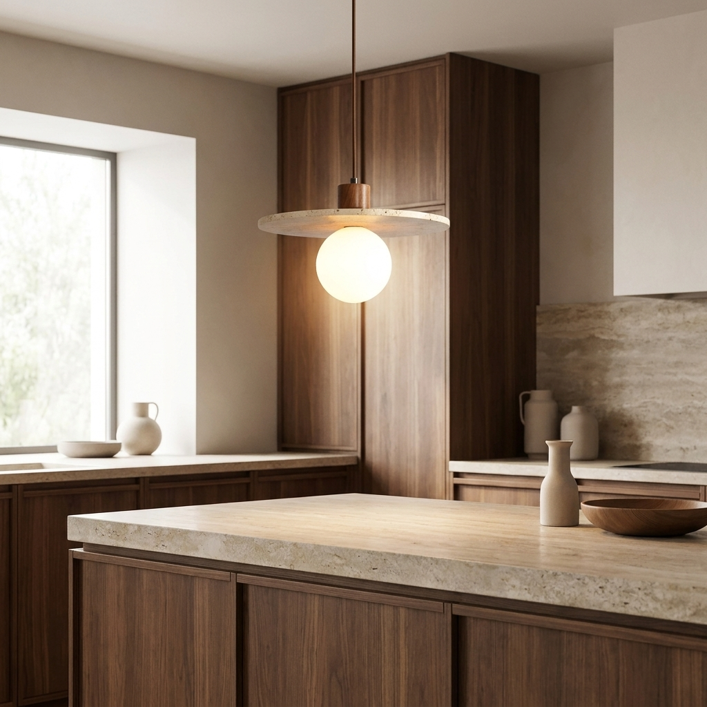 Travertine Disk Globe Pendant Light hanging above a kitchen island