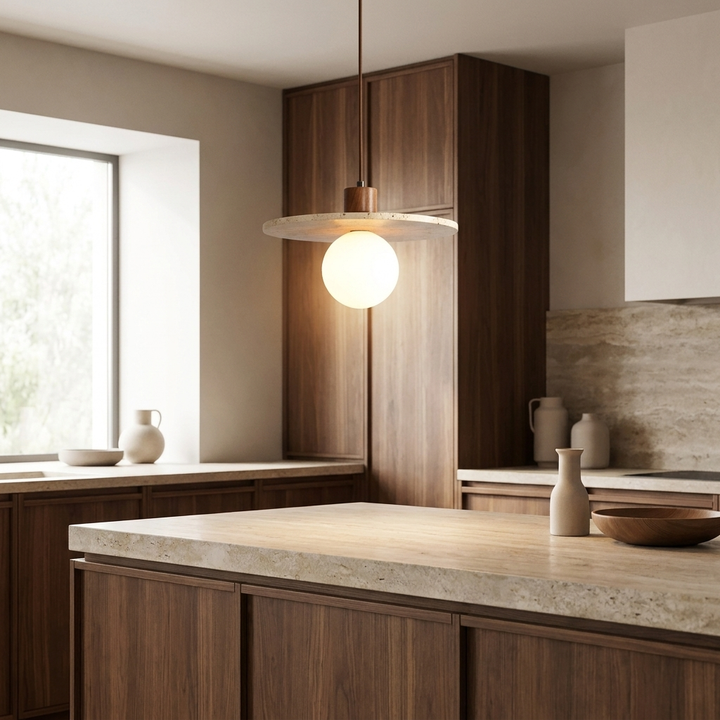 Travertine Disk Globe Pendant Light hanging above a kitchen island