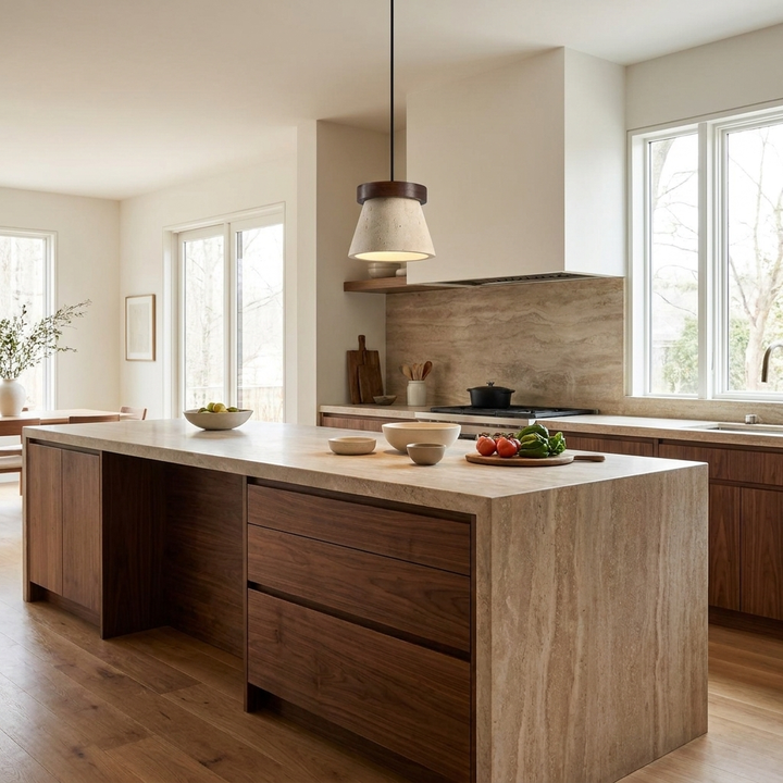 Travertine Cone Ring Pendant Light hanging above a kitchen island