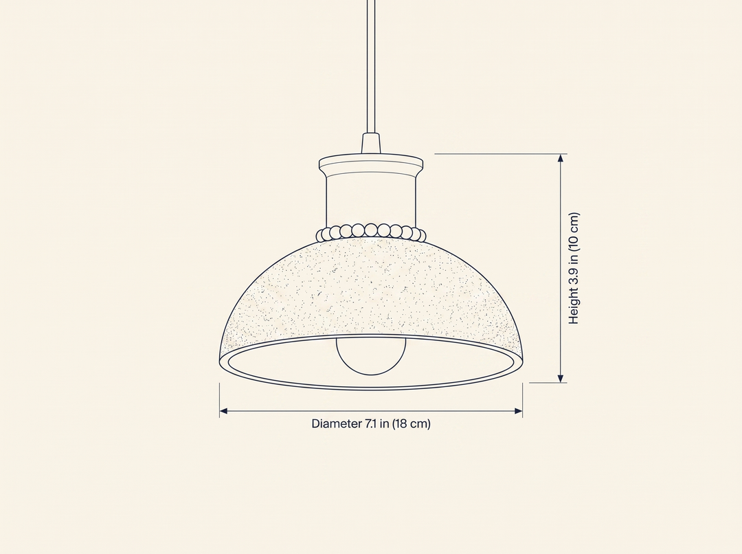 Travertine Wooden Bead Pendant Lamp dimension drawing showing diameter and height