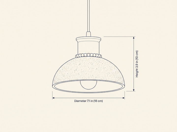 Travertine Wooden Bead Pendant Lamp dimension drawing showing diameter and height
