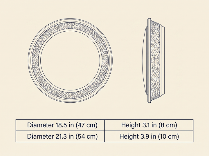 Travertine Wood Ceiling Light dimension drawing showing diameter and height for both available sizes