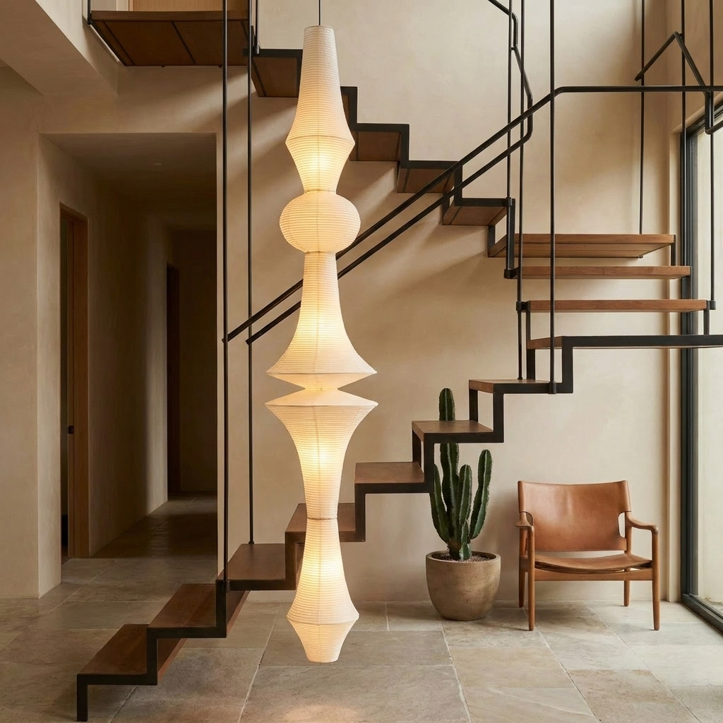 Washi Paper E Pendant Light hanging as a vertical focal point in a double-height stairwell