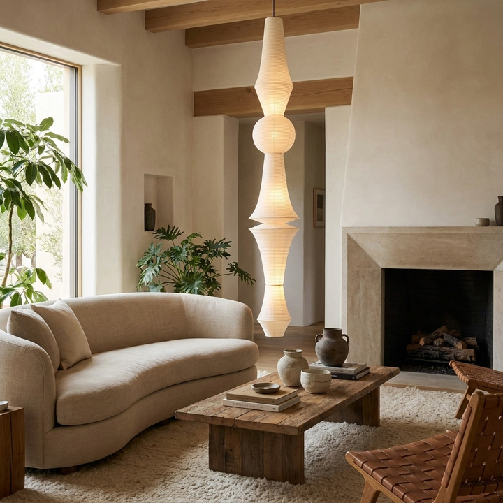 Washi Paper E Pendant Light hanging beside a sofa in a contemporary living room