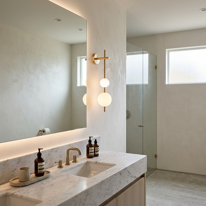 Vertical Globe Wall Lamp mounted beside a bathroom vanity mirror