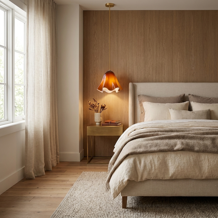 Vera Bloom Pendant Lamp hanging beside a bed in a contemporary bedroom