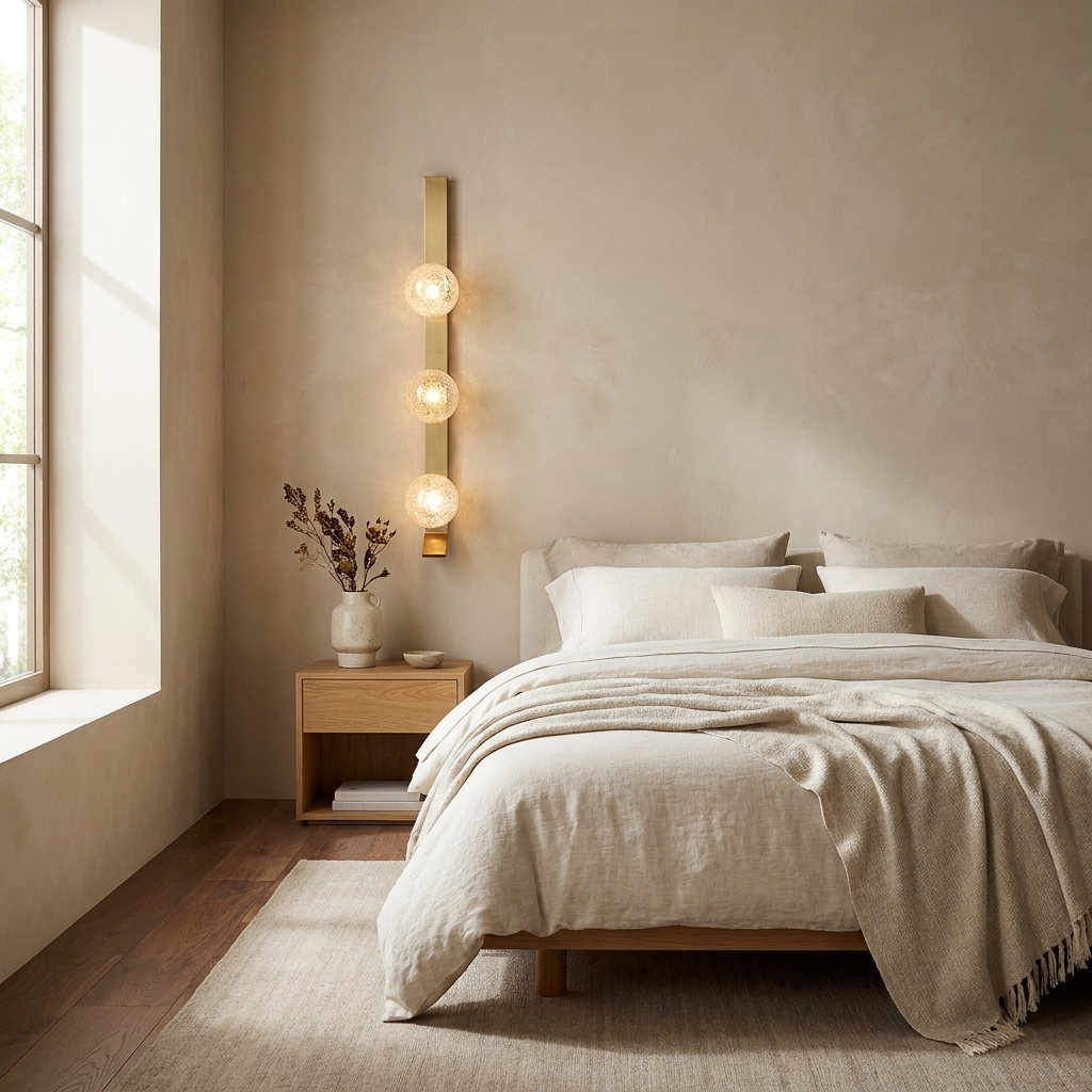 Vertical Balls Bar Sconce mounted beside a bed in a contemporary bedroom