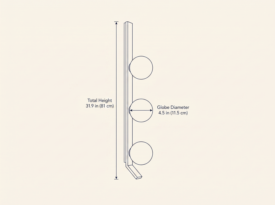 Vertical Balls Bar Sconce dimension drawing showing total height and globe diameter