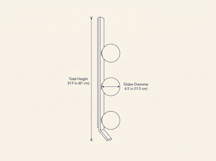 Vertical Balls Bar Sconce dimension drawing showing total height and globe diameter